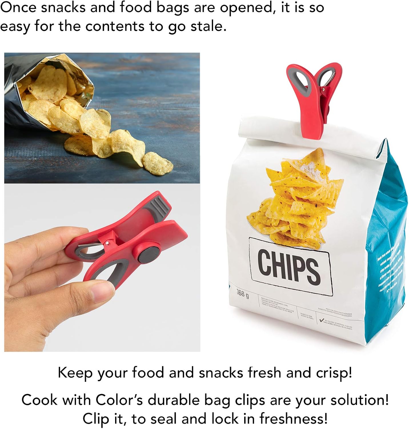 COOK WITH COLOR Bag Clips with Magnet- Food Clips, Chip Clips, Bag Clips for Food Storage with Airtight Seal Grip for Bread Bags, Snack Bags and Food Bags (Red, Pack of 20)