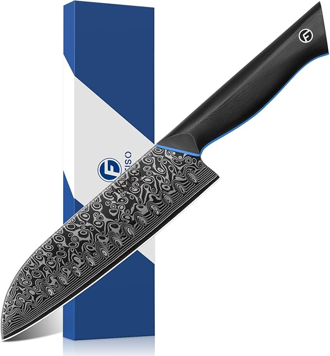 FINTISO 7-Inch Kitchen Knife, 67-Layer Japanese Damascus Steel Chef's Santoku With G10 Handle - Professional Cooking Tool for Home and Kitchen