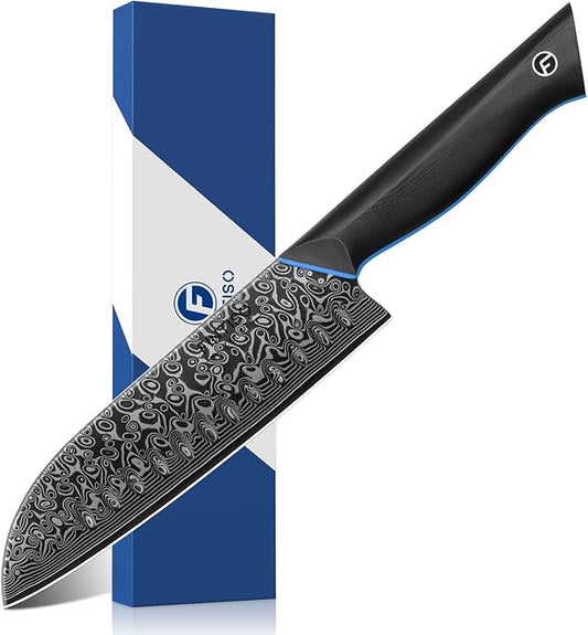 FINTISO 7-Inch Kitchen Knife, 67-Layer Japanese Damascus Steel Chef's Santoku With G10 Handle - Professional Cooking Tool for Home and Kitchen