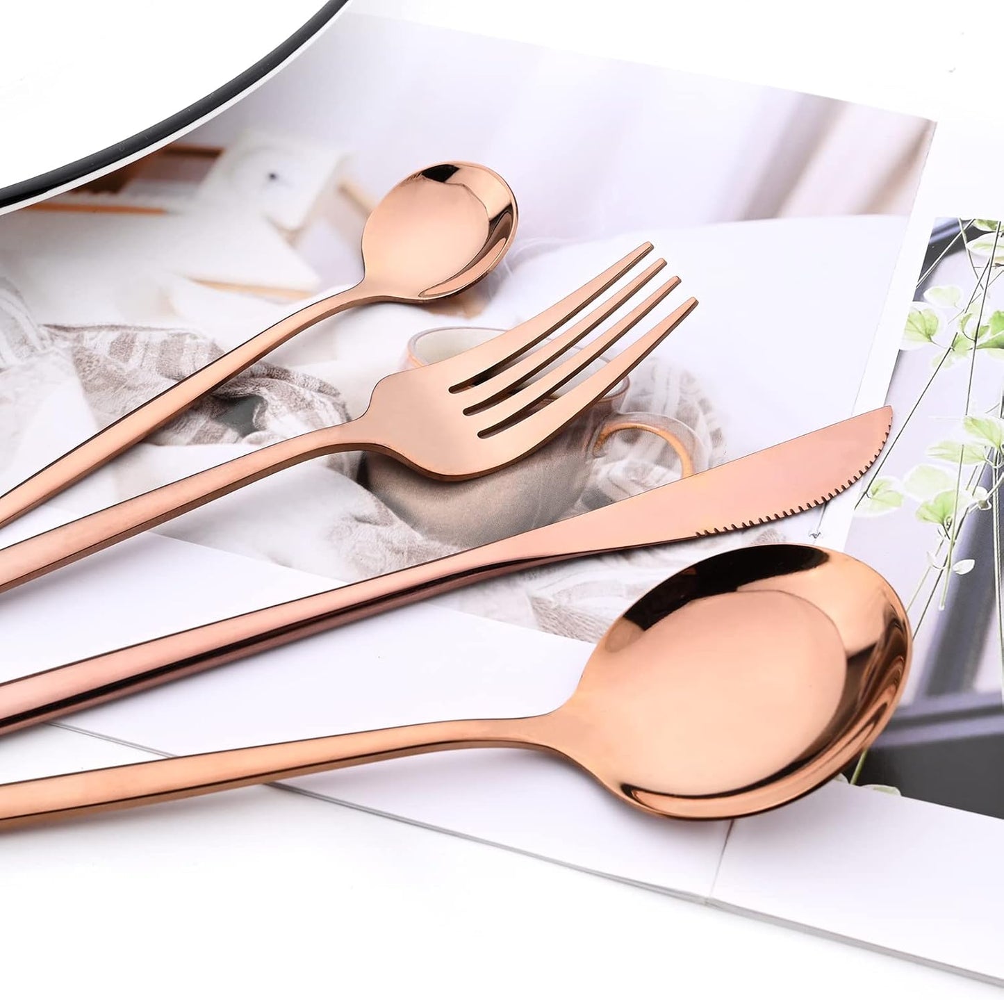 24-Piece Mirror Copper Polished Flatware, 18/0 Stainless Steel Dinnerware Set Include Knife Fork Spoon Teaspoon Cutlery Set For Home Restaurant and Party Service For 6, Dishwasher Safe