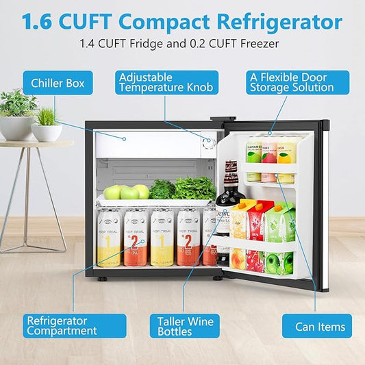 1.6 Cu.ft Mini Fridge with Freezer, Compact Single Reversible Door Refrigerator, Adjustable Thermostat, Ultra Quiet, Energy Efficient for Office, Dorm, Bedroom, Apartment -Silver