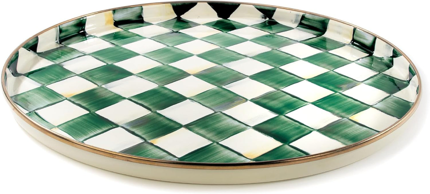 MACKENZIE-CHILDS Enamel Round Tray, Unique Serving Platter for Food and Drinks, Green-and-White Emerald Check