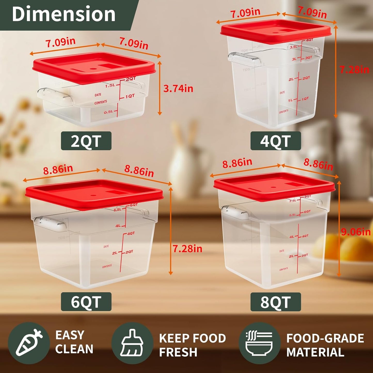 6 Quart Set of 4 Food Storage Containers,Food Containers with Lids and Handles,Square Commercial Food Containers for Kitchen, Restaurant，Refrigeration etc