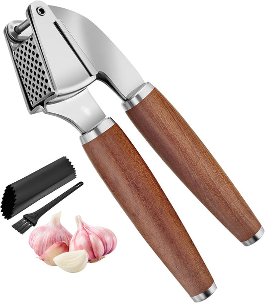 KULUNER Professional Garlic Press,Durable Garlic Clove Peeler Set That Requires No Peeling Garlic Mincer Presses Fine Garlic Paste,Upgraded Solid Wood Handle for a Comfortable Grip