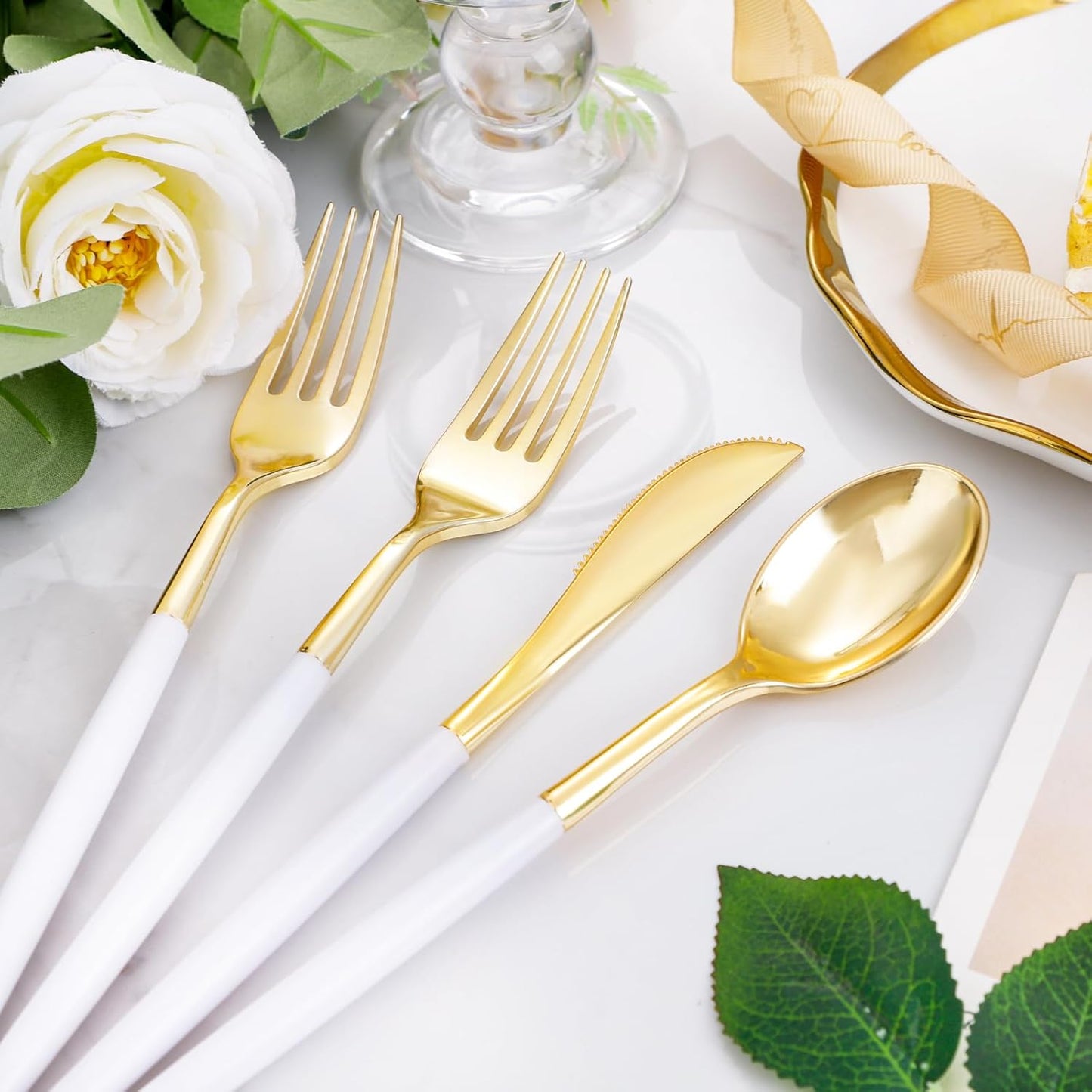 I00000 300 Pcs Gold Plastic Silverware - Gold Disposable Silverware - Premium White Cutlery Set Include 100 Forks 100 Knives 100 Spoons,Plastic Cutlery Party Set for Party & Wedding
