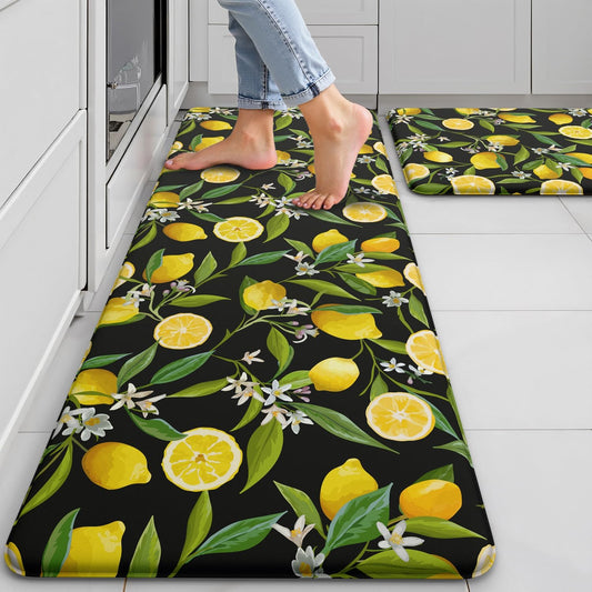 Lemon Kitchen Mats for Floor Set of 2 - Anti Fatigue Mats for Kitchen Floor, Cushioned Non-Skid Washable Memory Foam Rug for Office, Sink, Laundry (17.3"×29"+17.3"×47"-0.47") Black