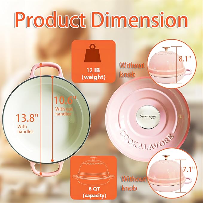 Dutch Oven for Bread Baking,6 Quart Enamel Bread Oven for Sourdough,10.5"Bread Oven with Lid,Bread Pans for Homemade Bread,Pink Thick Enamel Bread Pan-with Silicone Baking Mat&Recipe,Gifts for Family
