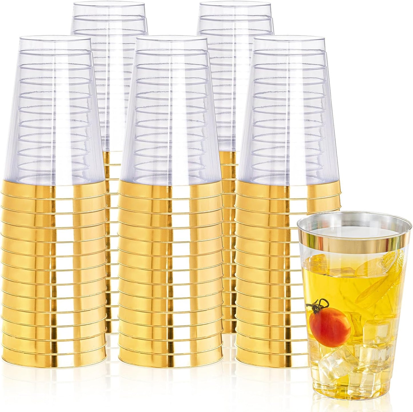 I00000 100 Pack 18 oz Gold Plastic Cups, Elegant Gold Rimmed Plastic Cups, Disposable Cocktail Glasses Wine Glasses, 18 oz Premium Tumblers Perfect for Birthday, Party & Wedding