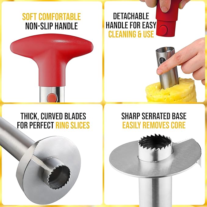 Zulay Kitchen Stainless Steel Pineapple Corer & Slicer – Heavy-Duty Pineapple Cutter with Reinforced Blade & Eye Removal Tool – Effortless Pineapple Core Remover & Slicer - Red