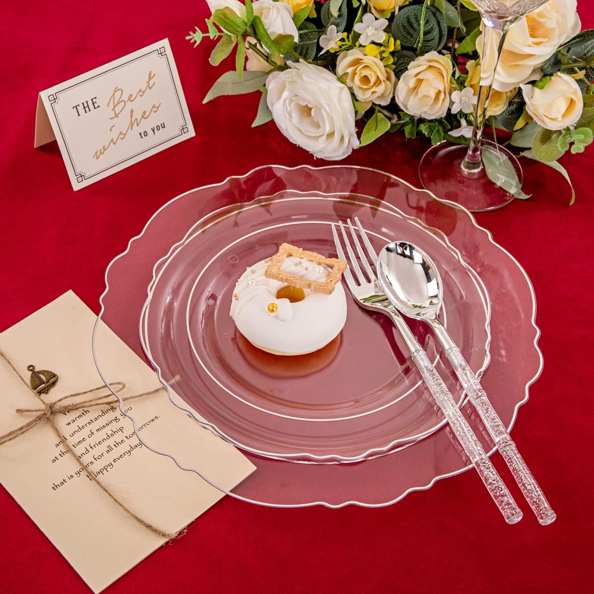 Ciaell 150PCS Clear Silver Plastic Plates & Disposable Plastic Silverware with Glitter Bamboo Handle Cutlery - Baroque Clear Silver Disposable Plates for Weddings & Parties