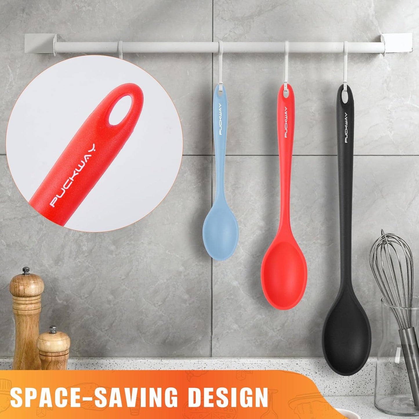 3 Pcs Silicone Spoons Set of 7.9 10.6 14.2 inch for Cooking, Heat Resistant Kitchen Spoons for Mixing, Stirring, and Serving, Small to Large Non Stick (Black & Red & Blue)