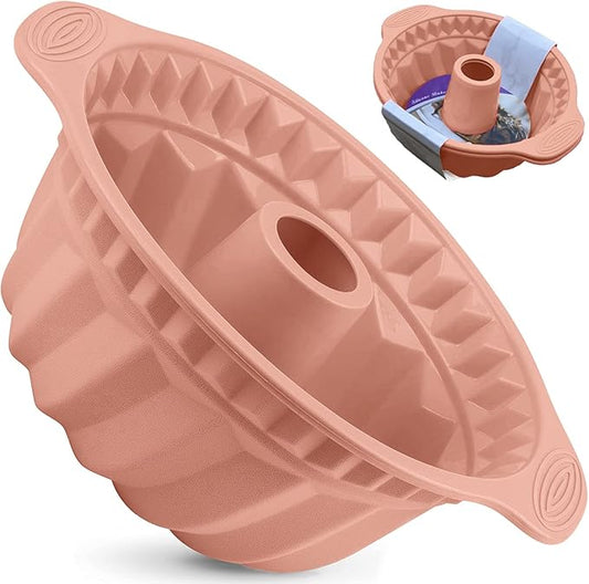 Kenond 2 PCS 9.5 Inch Silicone Cake Pans, Non-stick Fluted Cake Pan with Sturdy Handle, Cake Baking Molds, Perfect Bakeware for Cake, Jello, Gelatin, Bread, Para Gelatinas (Pink)