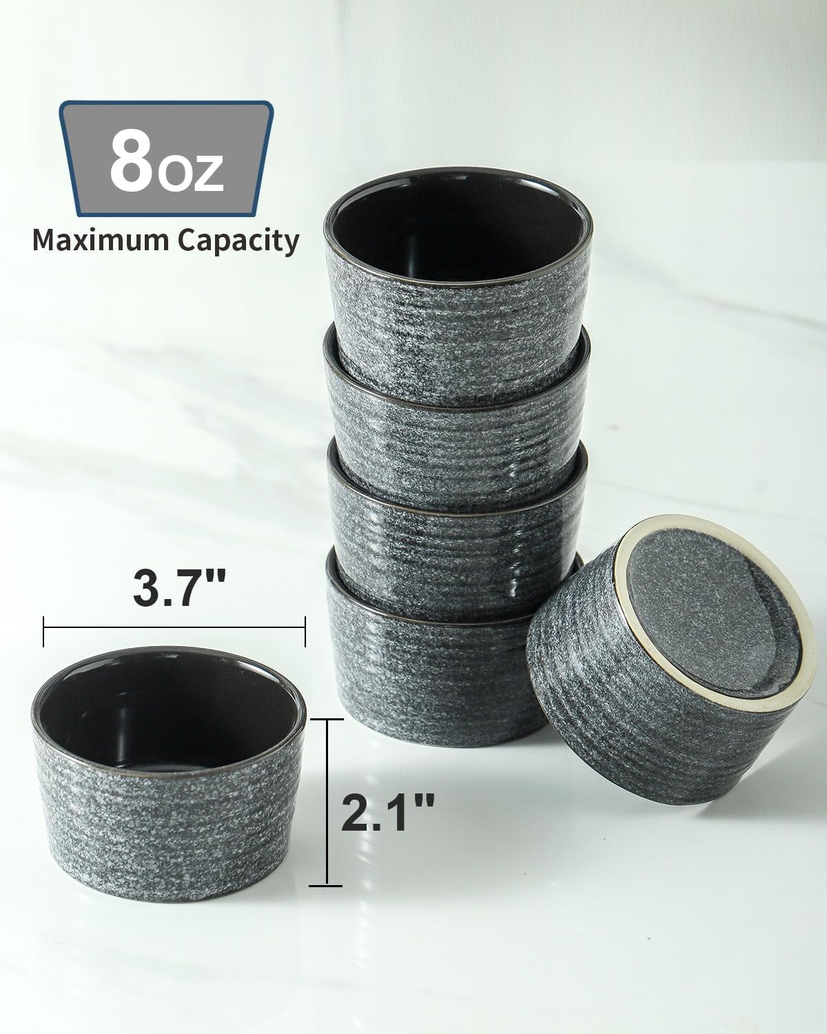 Hasense Ramekins 8 oz Oven Safe for Creme Brulee, Ceramic Souffle Dish Oven Safe Set of 6,Porcelain Dipping Sauce Bowls for Pudding, Creme Brulee, Souffle, Serving Dip, Custard, Ice Cream, Grey