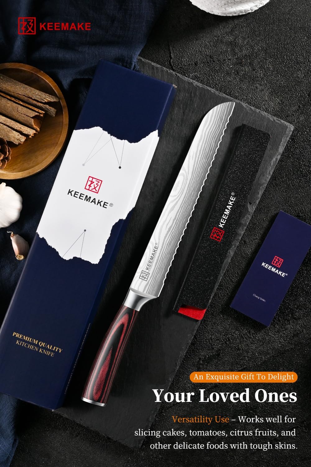 KEEMAKE Serrated Bread Knife 8-inch Ultra Sharp High Carbon Stainless Steel Bread Slicer Knife for Homemade Breads Sourdough Bagels Cakes and Soft Produce - Ergonomic Pakkawood Handle, w/Sheath