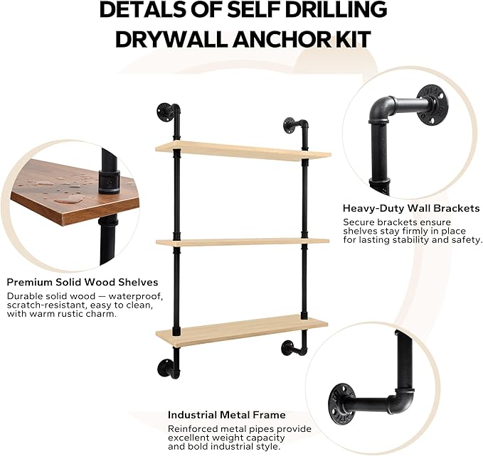 3-Tier Industrial Pipe Floating Shelf – Rustic 36 inch Wood Wall-Mounted Storage Shelf for Kitchen Office,Bathroom & Home Decor -White Oak