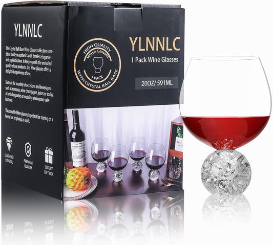 1Pack 20oz Stemless Wine Glasses with Crystal Crackle Ball Base, Premium Lead-free Juice Glass, Red & White Wine Glasses for Daily Use, Party, Home Bar, Wedding, Shower, Birthday, Christmas Gift