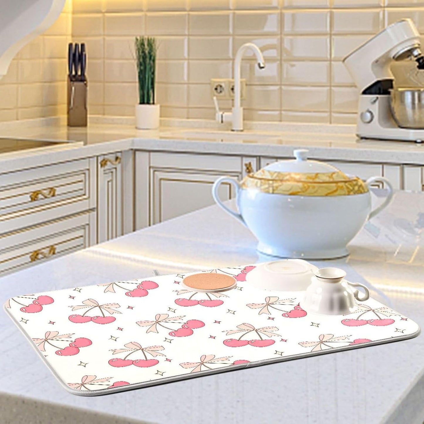 Cute Cherry Bow Dish Drying Mat for Kitchen Counter Absorbent Dish Drainer Mats Drying Pads 16"x18"