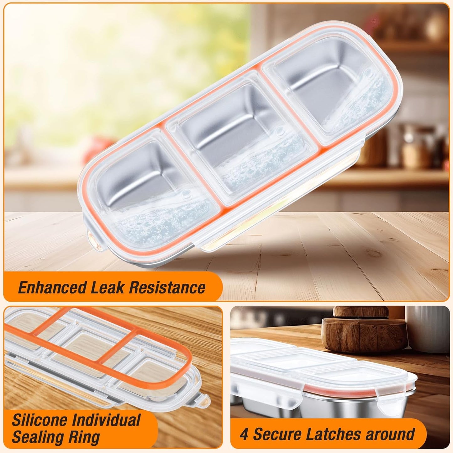 Stainless Steel Snackle Box Container - 3 Compartment Reusable Snack Containers with Lids for Kids, Leak-Resistant Divided Snack Food Storage Containers for School, Office, Travel (Clear)