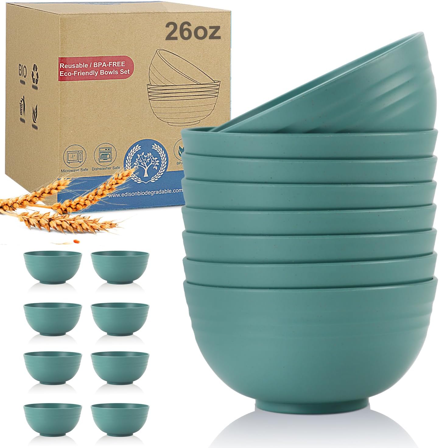 Wrova Wheat Straw Bowl Sets,8 PCS Unbreakable Cereal Bowls 26 OZ,Microwave and Dishwasher Safe Bowls,Kids Bowl suitable for cereal,salad,snack and soup (Green)