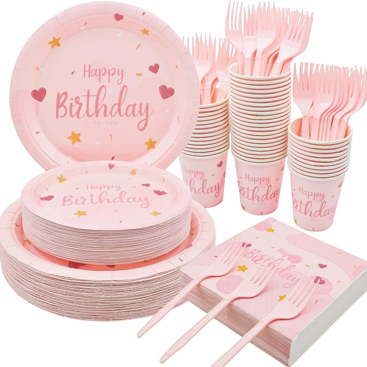Birthday Party Tableware Set - 250PCS Party Supplies Pink Heart Disposable Paper Plates Dinnerware Set Pink Dinner Dessert Plates Cups Napkins Plastic Forks for 50 Guests