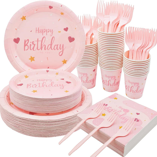 Birthday Party Tableware Set - 250PCS Party Supplies Pink Heart Disposable Paper Plates Dinnerware Set Pink Dinner Dessert Plates Cups Napkins Plastic Forks for 50 Guests