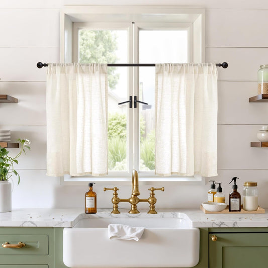 BGment Short Beige Linen Semi Sheer Curtains 30 Inch Length for Kitchen Windows, Small Drapes Lightweight Rustic Textured for Bathroom Over Sink Cafe Decor Rod Pocket, 2 Panels Set, 30 Inch Wide