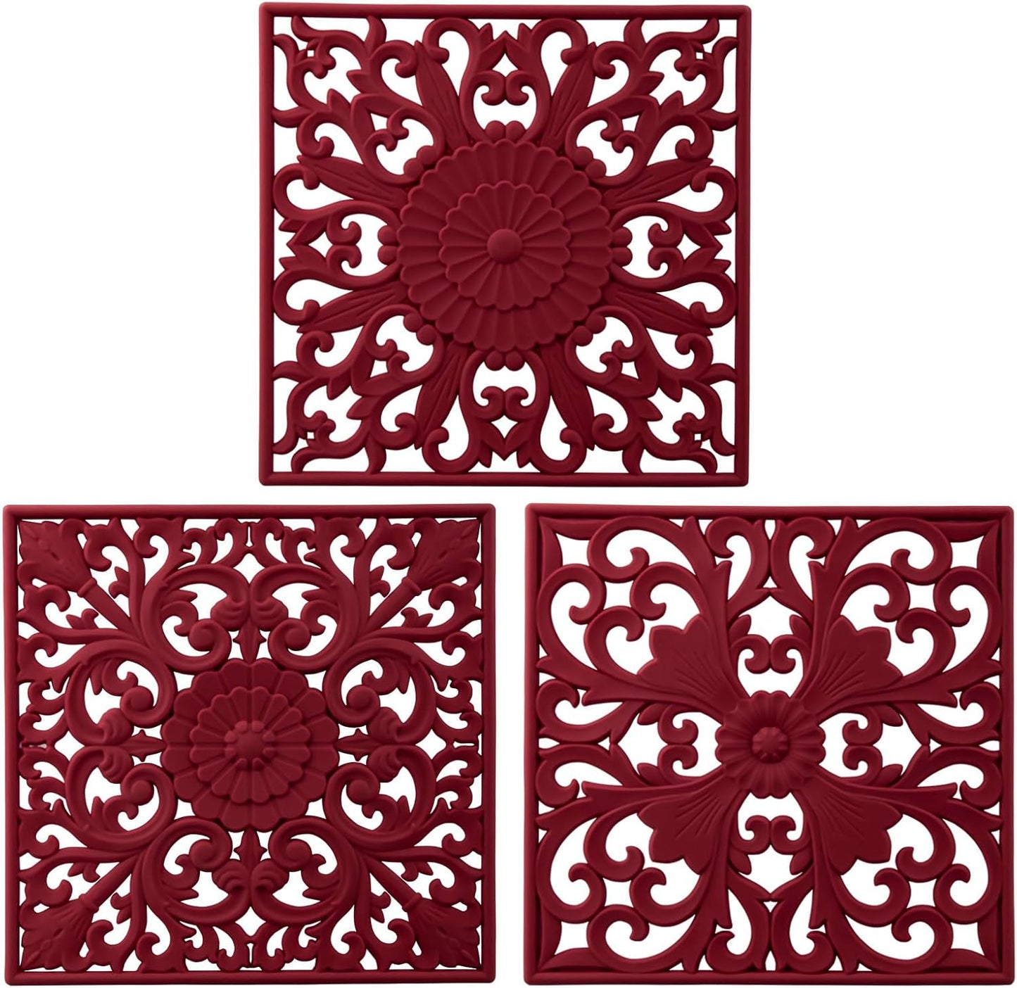 Silicone Trivets for Hot Dishes-Pots&Pans, Square Multi-Use Carved Trivet Mat, Insulated Silicone Mats, Flexible Trivet Mat for Countertop&Tabletop, Pot Holders Pads Set 3 Melort Red