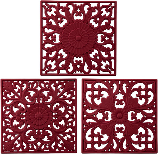 Silicone Trivets for Hot Dishes-Pots&Pans, Square Multi-Use Carved Trivet Mat, Insulated Silicone Mats, Flexible Trivet Mat for Countertop&Tabletop, Pot Holders Pads Set 3 Melort Red