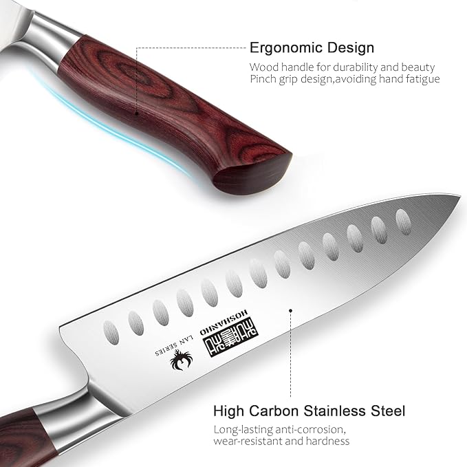 HOSHANHO Santoku Knife 7 Inch, Professional High Carbon Stainless Steel Kitchen Knife, Super Sharp Cooking Knife with Ergonomic Wood Handle