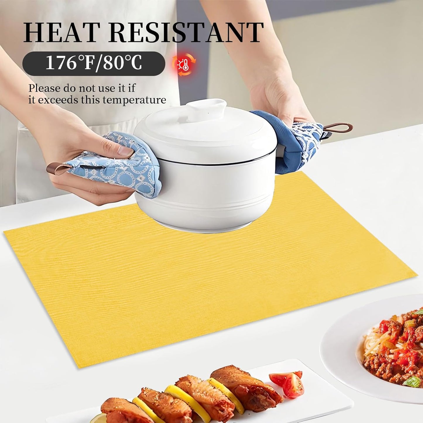 Placemats Set of 6 Linen Type Fabric Cloth Placemats, 19 x 13 Inch Double Layered Thick Wrinkle Free Heat Resistant Table Place, for Dining, Kitchen, Party (Yellow, 48 * 33cm)