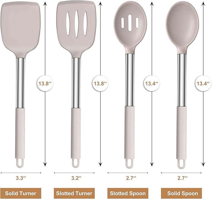 LIANYU 4Pcs Kitchen Utensils Set, Silicone Cooking Utensil Spatula Set, Heat Resistant Kitchen Tools for Nonstick Cookware, Stainless Steel Handle, Dishwasher Safe, Khaki