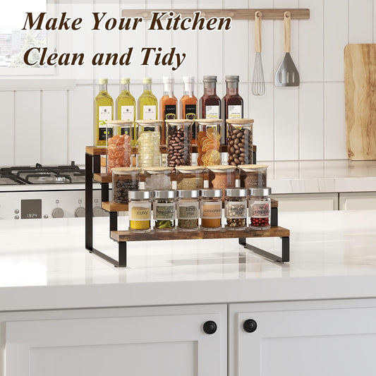 Spice Rack Organizer for Cabinet, 4 Tier Wooden Display Riser Stand, Rustic Cologne Stand for Men, Tiered Perfume Holder, Display Shelf for Candles