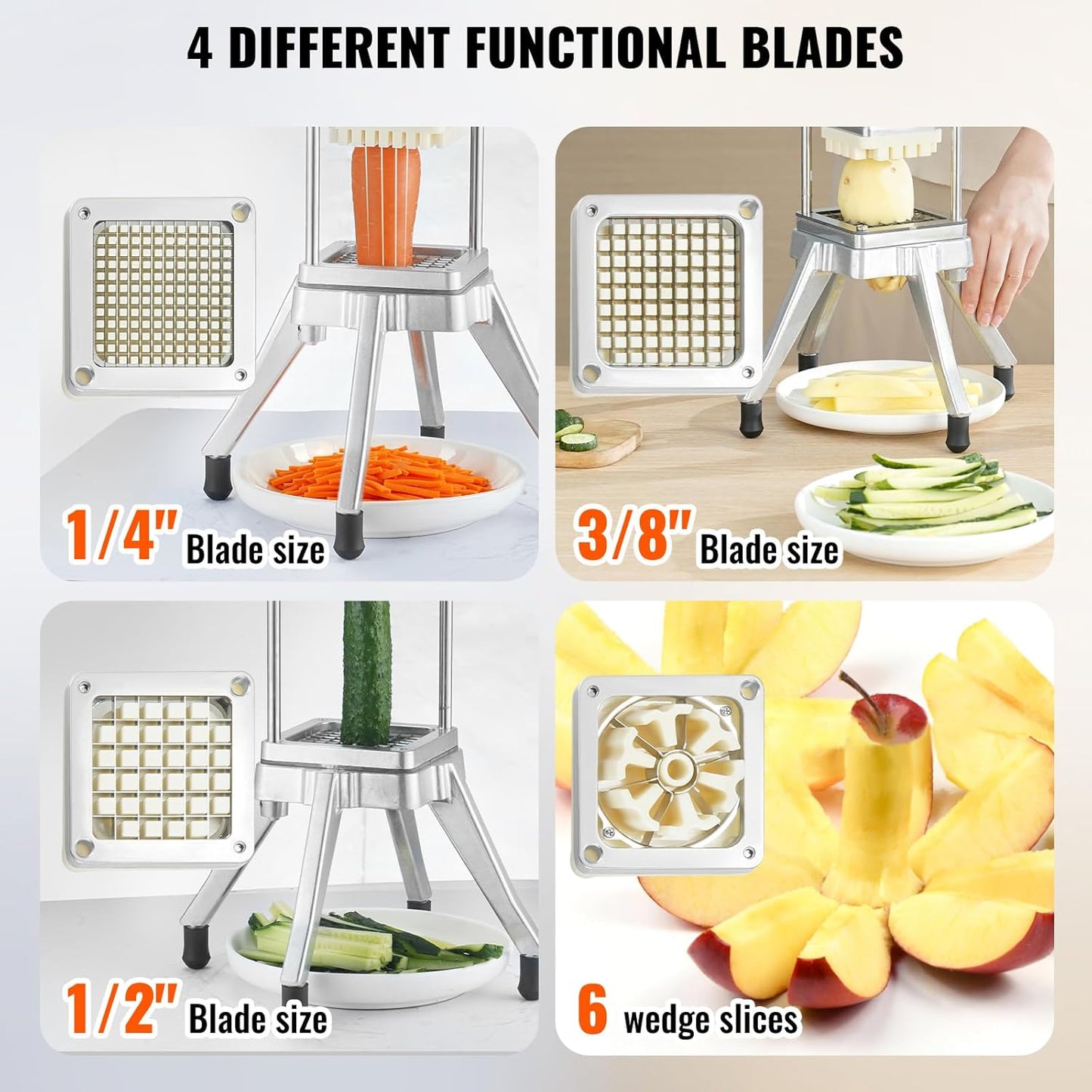 VEVOR Commercial Vegetable Chopper w/ 4 Replacement Blades, Stainless Steel French Fry Cutter Potato Dicer & Fruit Slicer for Restaurants & Home Kitchen