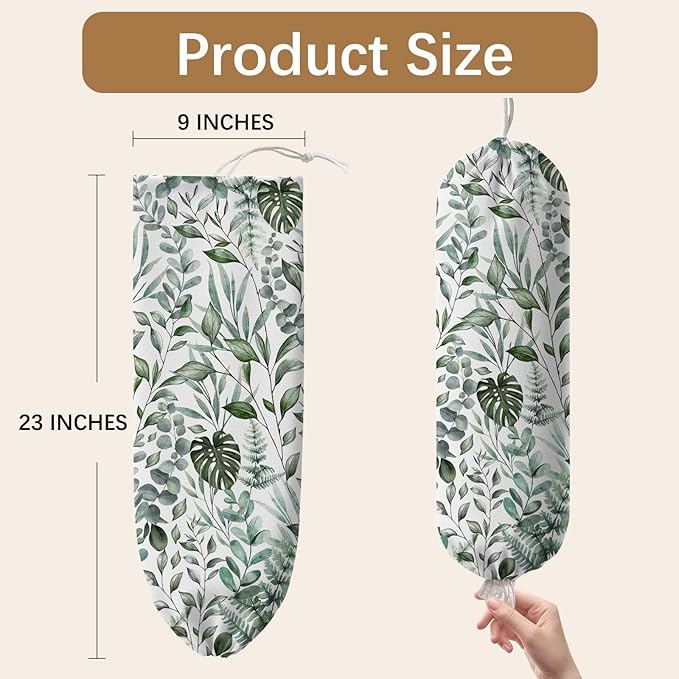Plant Plastic Bag Holder, Wall Mount Organizer for Reusable Canvas Grocery Bags, Plants Hanging Plastic Bag Dispenser, Green Leaves Shopping Bags Storage Dispenser Decorative Home Kitchen Pantry Decor