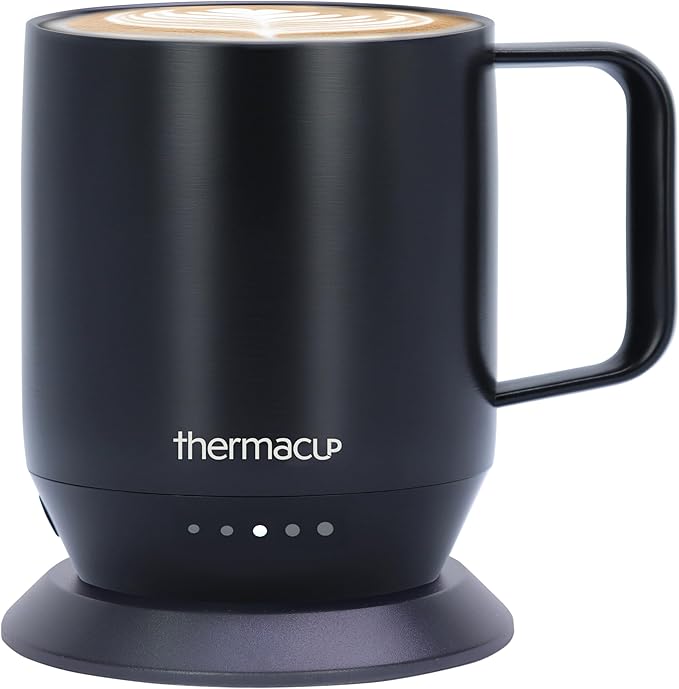 Mega 8-Hour Battery Self-Heating Coffee Mug with | Temperature Controlled Steel Smart Mug with Lid, 14oz (12oz with Lid) | Perfect Holiday Gift for Coffee & Tea Lovers