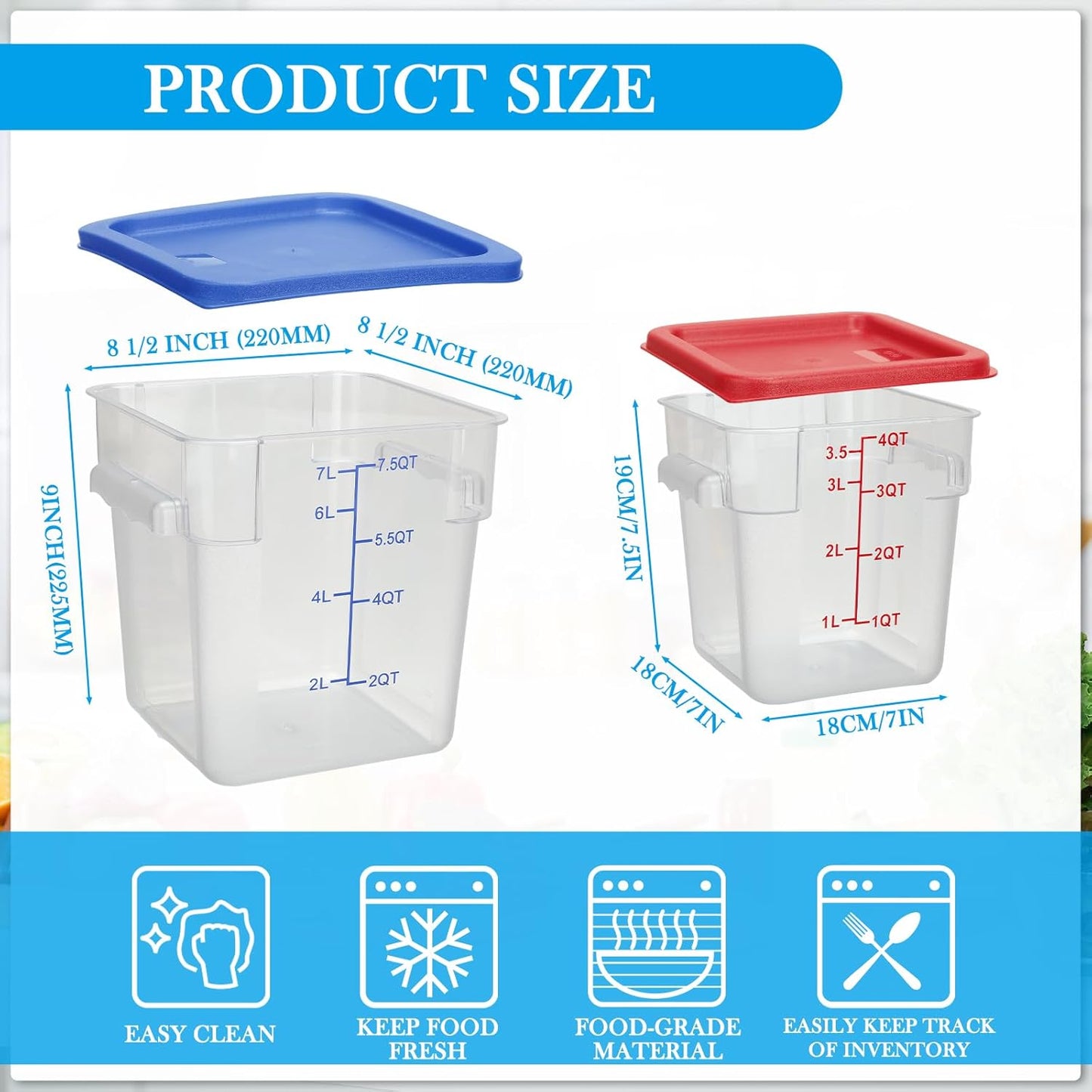 Lallisa 4 Pcs 8 Qt and 4 Qt Clear Food Storage Containers with Lids, Handles and Scales, Commercial Grade Square Containers Polycarbonate Air Tight for Home Storage Kitchen Restaurant(Red, Blue)