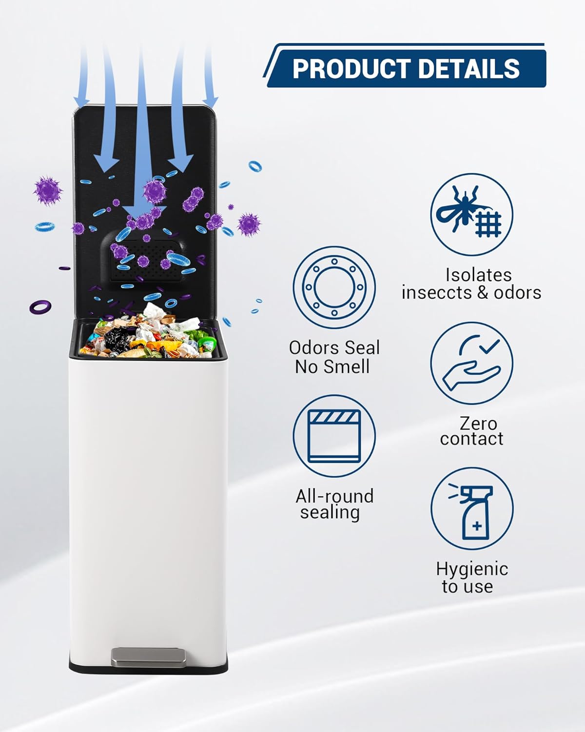 4 Gallon Stainless Steel Trash Can with Soft Close Lid, Step-on Bathroom & Kitchen Garbage Bin, Compact Slim Design with Removable Inner Bucket for Office, Living Room