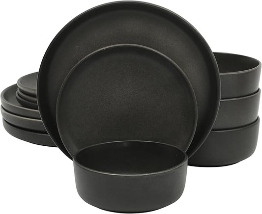 Gibson Elite Pasco 12 Piece (Service for 4) Plates and Bowls Reactive Glaze Dishes Stoneware Ceramic Dinnerware Set - Black