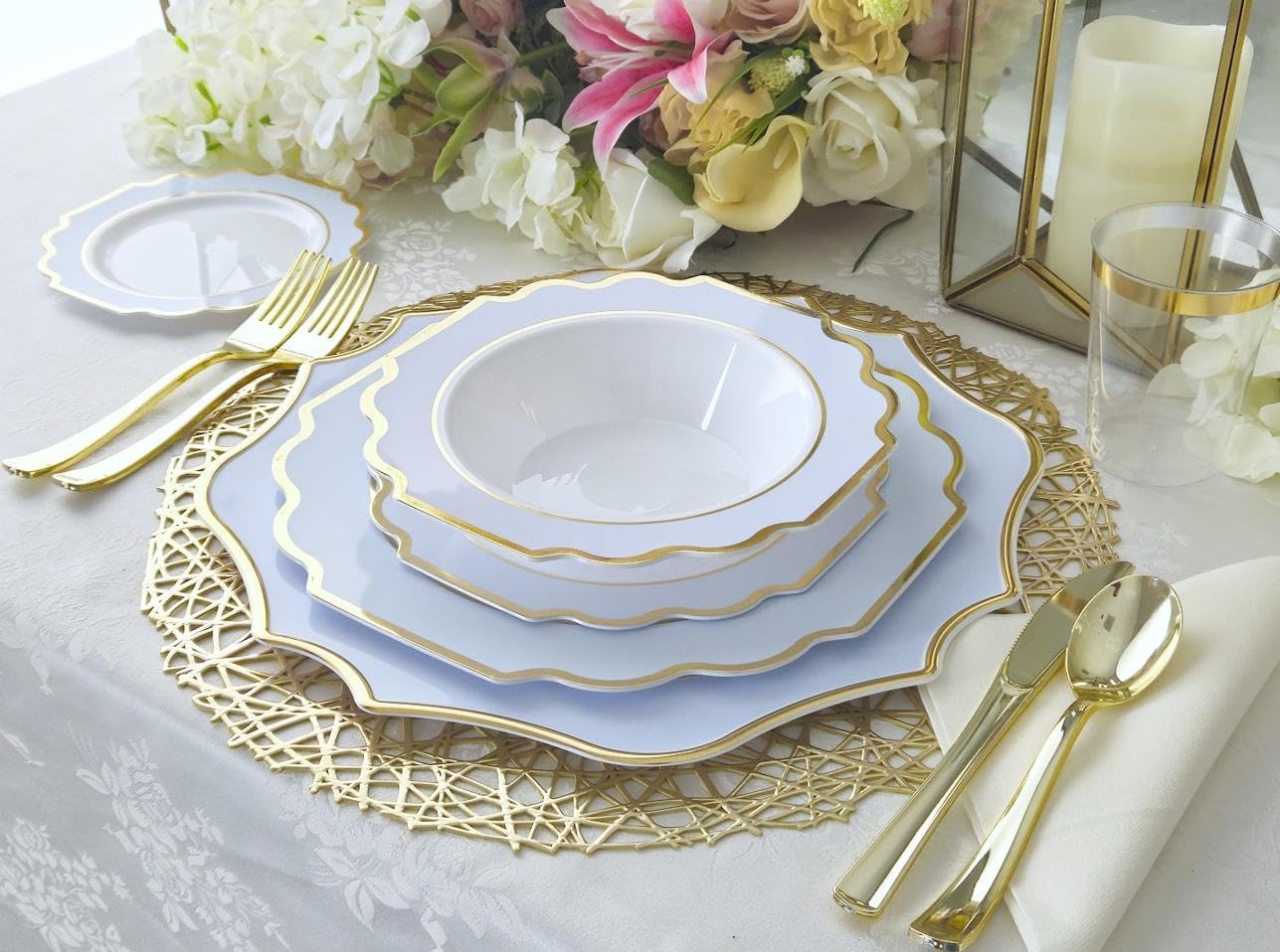 " OCCASIONS " 240 Plates Pack (120 Guests) Heavyweight Wedding Party Disposable Plastic Plates Set -120 x 10.5'' Dinner + 120 x 8'' Salad/Dessert Plate (Imperial in White/Blue & Gold)