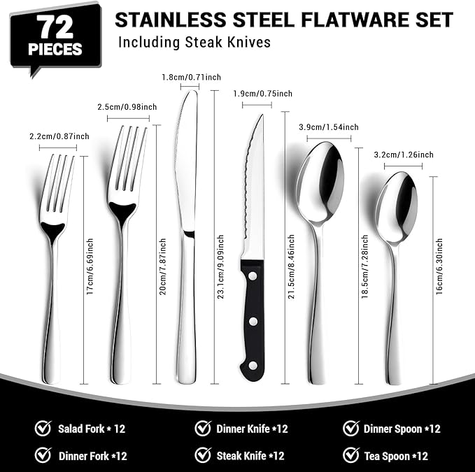 BEWOS 72-Pieces Silverware Set for 12 - Stainless Steel Flatware Set with Mirror Polish, Cutlery Set Including Steak Knives, Forks and Spoons, Dishwasher Safe for Restaurant (Silver)
