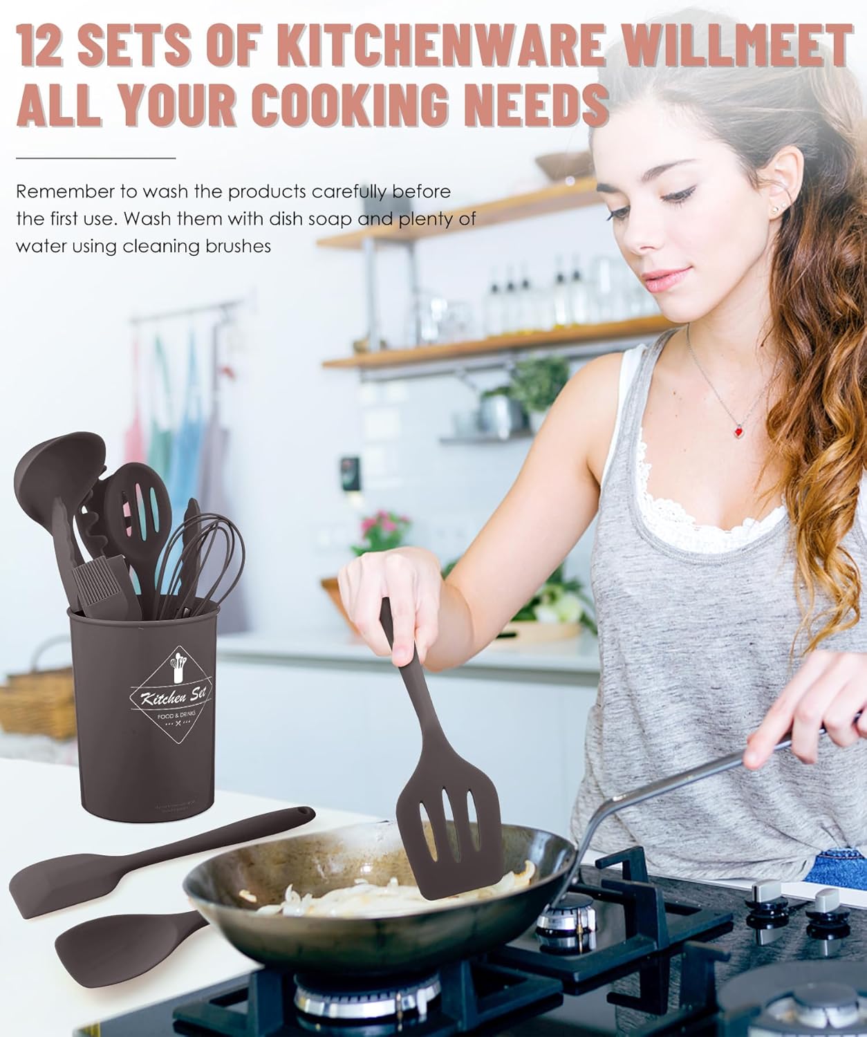 Kitchen Utensils Set-12 Pieces Silicone Cooking Utensils Set (Dishwasher Safe) 392°F Heat Resistant Spatula Set, Nonstick Cookware