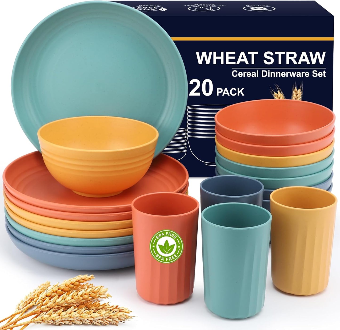 HOTEC 20-Pack Unbreakable Kitchen Plastic Wheat Straw Dinnerware Set – BPA-Free Plates, Bowls & Cups | Lightweight, Microwave & Dishwasher Safe | Multicolor Reusable Tableware for Home & Outdoor Use