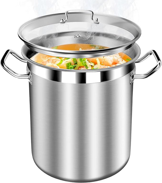 Stainless Steel Stock Pot with Lid – 24 Quart (6 Gallon) Heavy-Duty Cooking Pot for Soup, Stew, Pasta – Commercial & Home Use, Easy to Clean