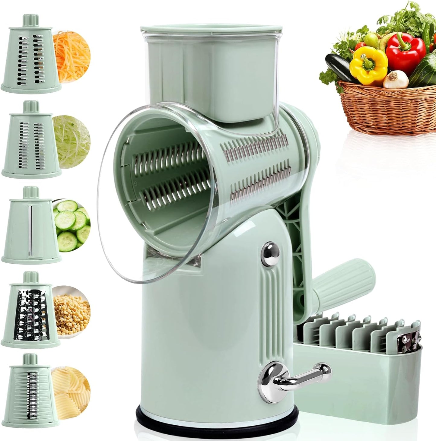 Rotary Cheese Grater with Handle, Vegetable Shredder with 5 Replaceable Blades & Strong Suction Base, Round Food Slicer & Chopper for Kitchen Fruit Vegetables Nuts with Blade Storage Box (Green)