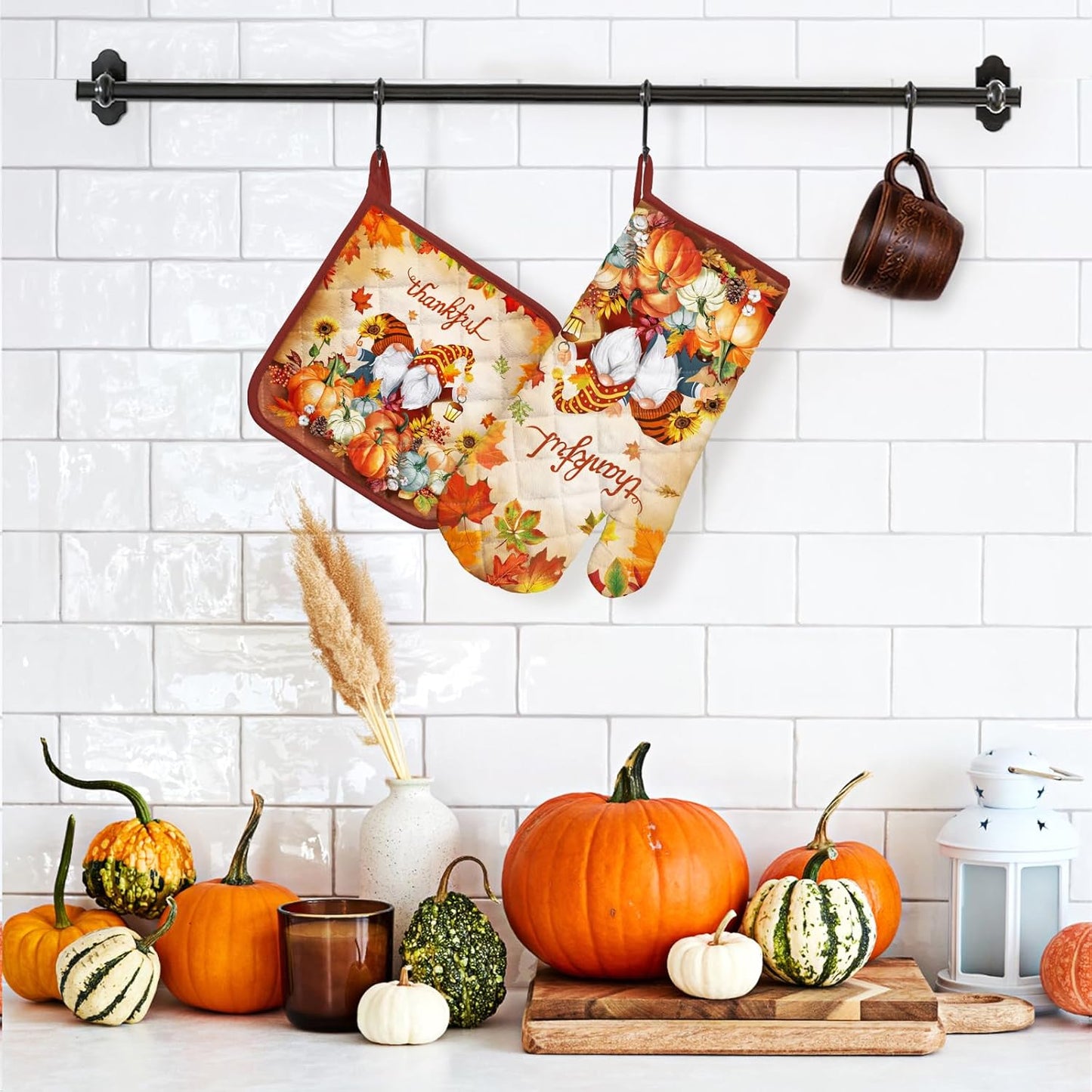 Thanksgiving Fall Gnome Oven Mitts and Pot Holders Sets 2Pcs, 100% Cotton Pumpkin Heat Resistant Extra Long Oven Gloves Potholder for Kitchen Cooking Baking Decoration