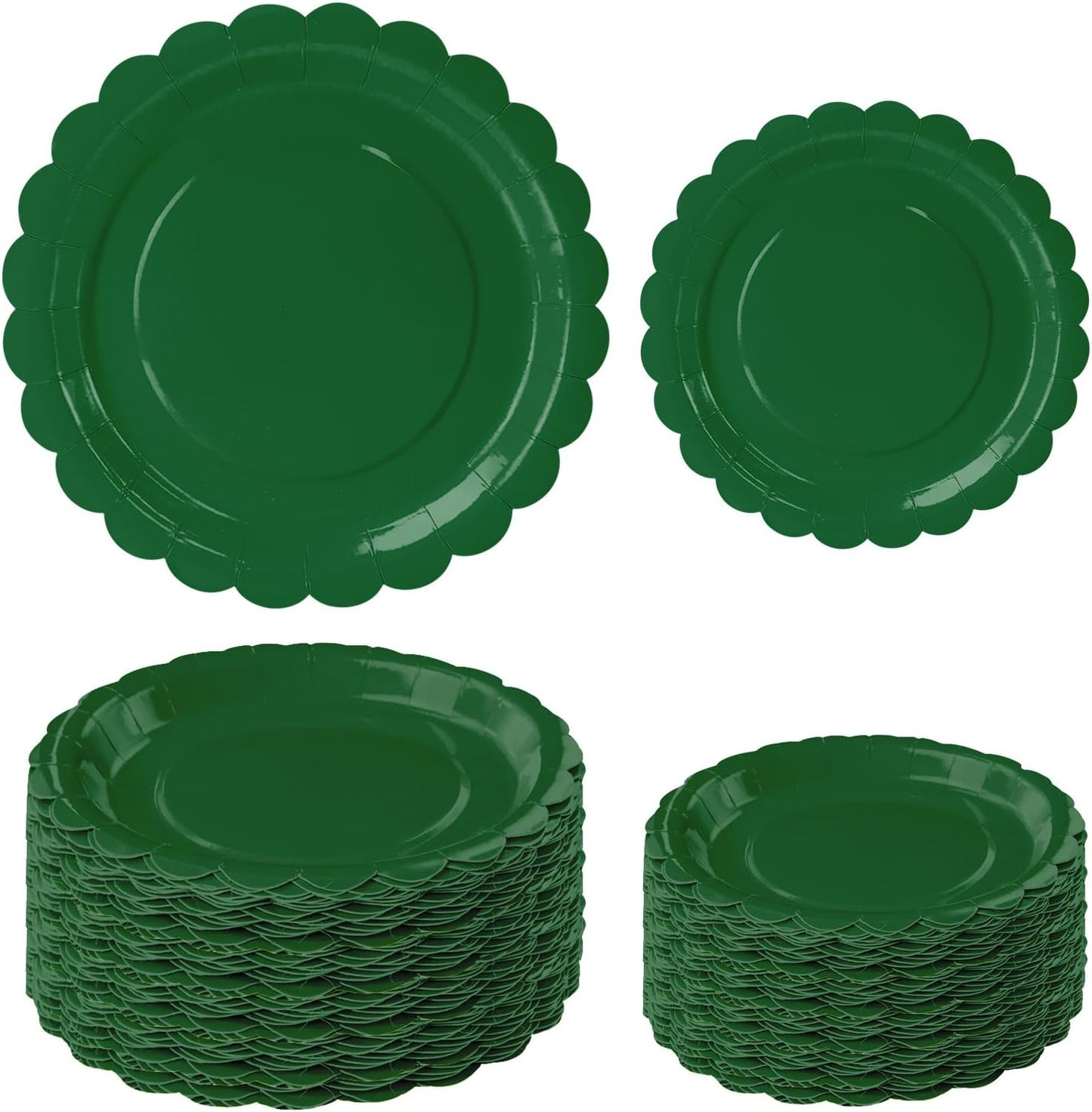 50 Pcs Green Scalloped Paper Plates 25 × 7'' and 25 × 9'' Disposable Green Scalloped Dinner Plates for Wedding Baby Shower Birthday Party Disposable Dessert Plate
