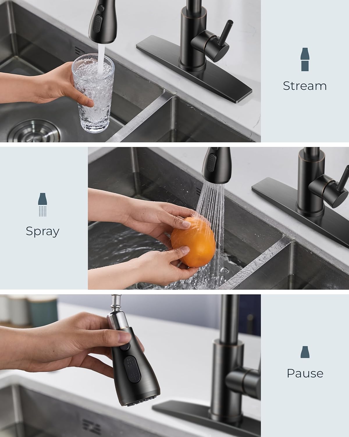 FORIOUS Kitchen Faucet with Soap Dispenser, Single Handle Stainless Steel Transitional Sink Faucet with Pull Down Sprayer 1 or 3 Hole, Suitable for Farmhouse Laundry Camper RV Bar, Oil Rubber Brown