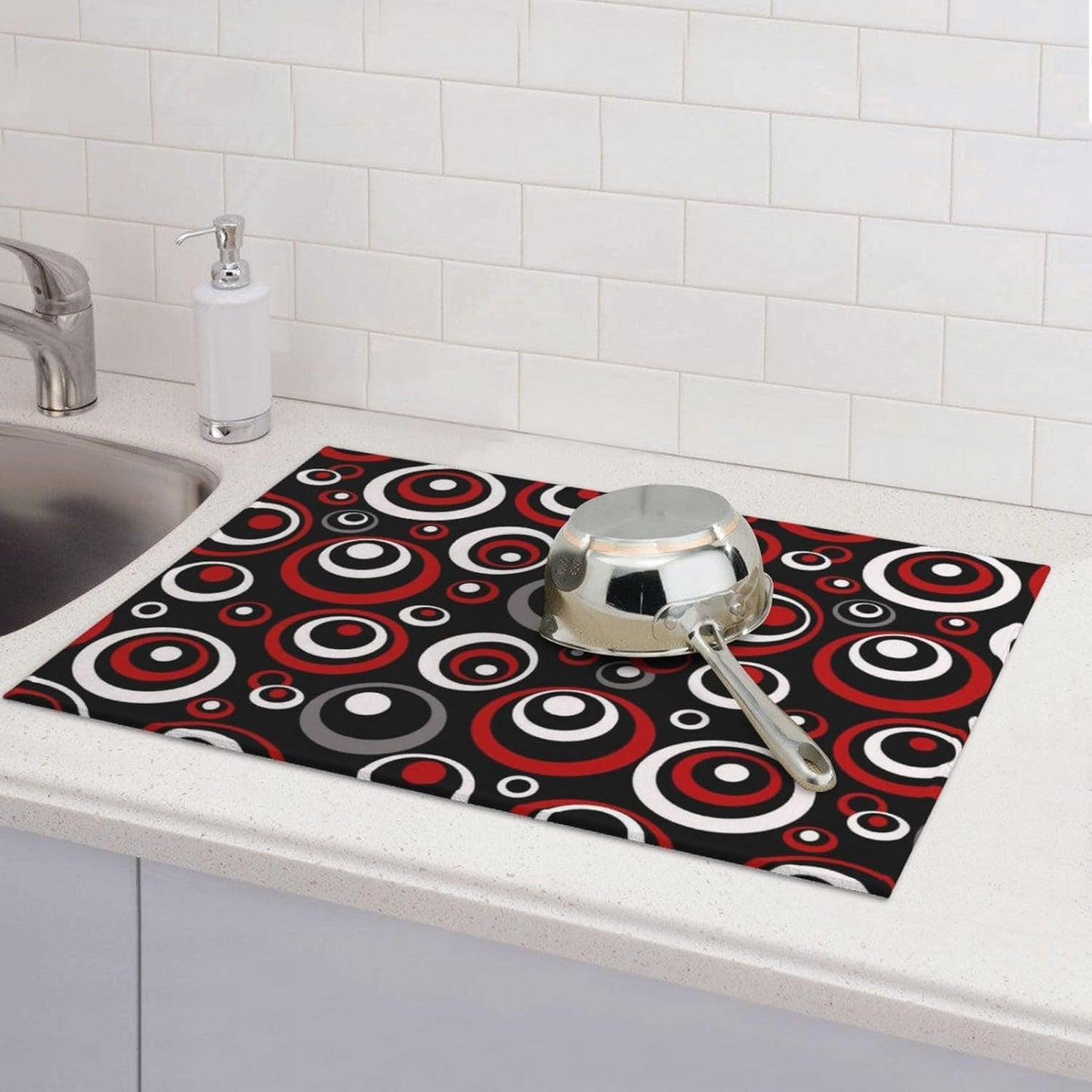 Red Black White Retro Geometric Circle Dish Drying Mats for Kitchen Counter & Sink, Modern Art Kitchen Drying Pad, 18" x 24" Absorbent Reversible Foldable Dish Drainer Rack Mats, Home Decor Black Red