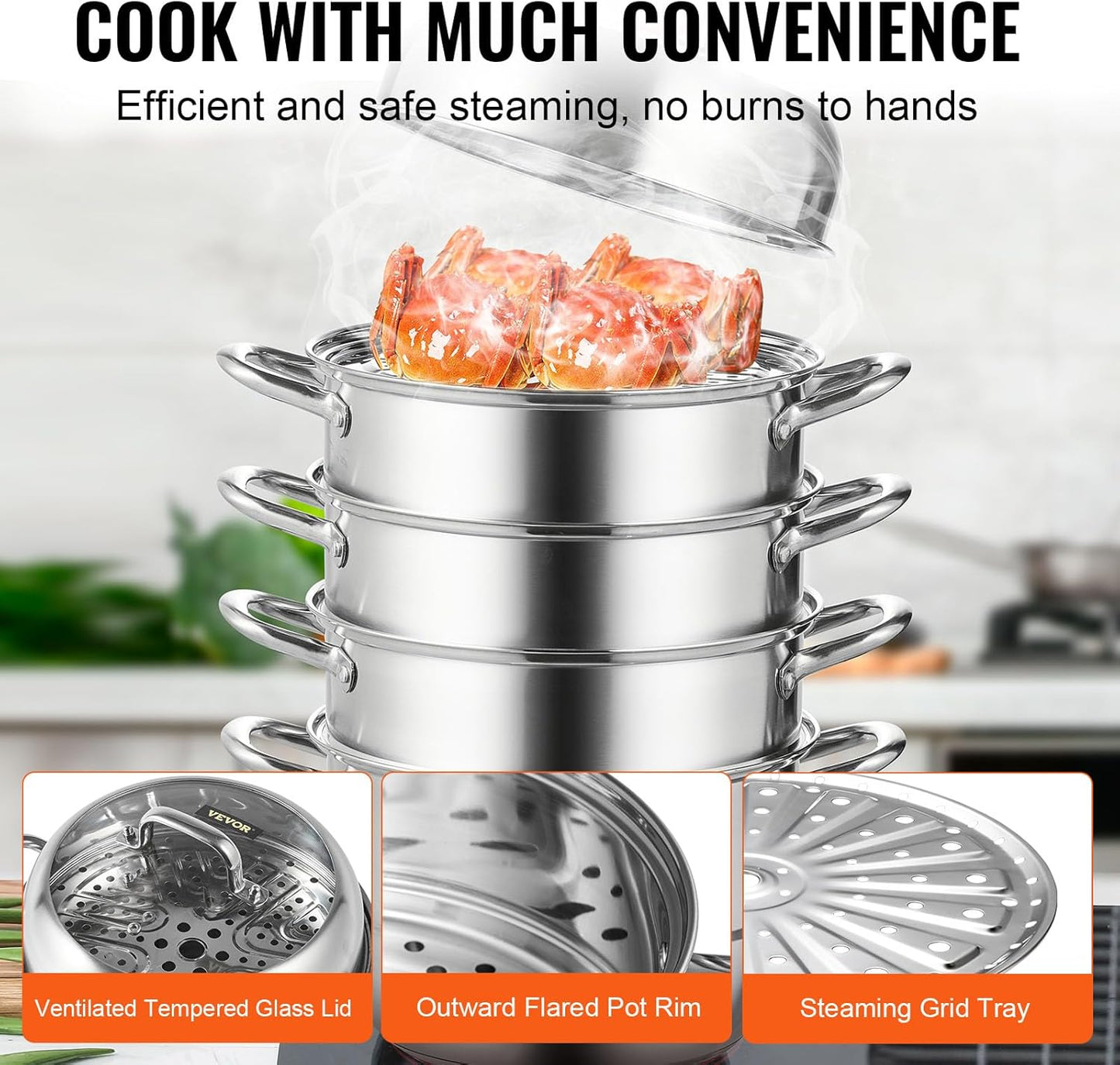 VEVOR Steamer Pot 11.8in/30cm, 5 Tier Steamer Pot for Cooking with 10QT Stock Pot, 3 Vegetable Steamers & 2 Steaming Trays, Food-Grade 304 Stainless Steel Food Steamer Cookware for Gas Electric Stove