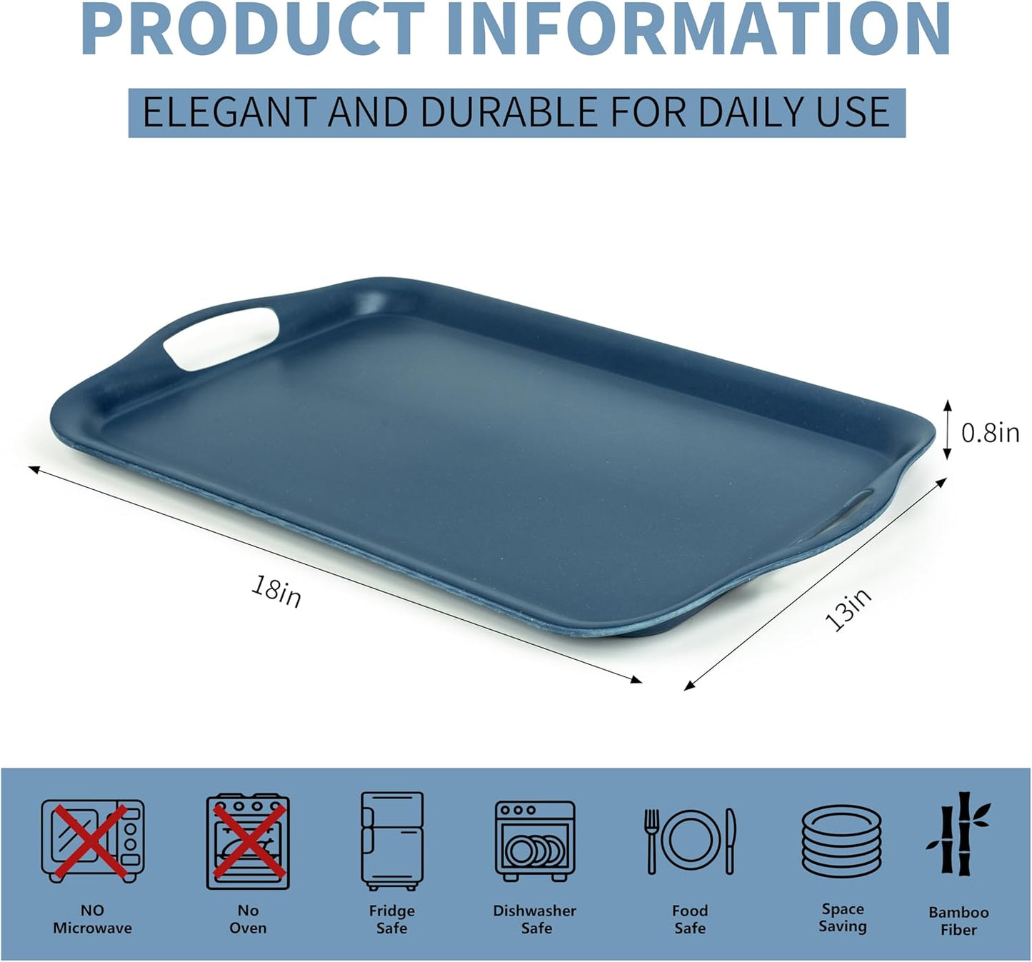 KINGEN 2-Pack Navy Blue Bamboo Fiber Serving Trays - 18×13-inch Extra Large w/Handles Tray, Platters for 4th of July, Christmas, BBQ, Picnic, Outdoor Dining - Durable, Lightweight (Classic Blue)